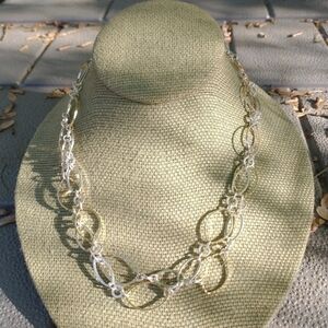 Women's silver and gold tone long necklace.